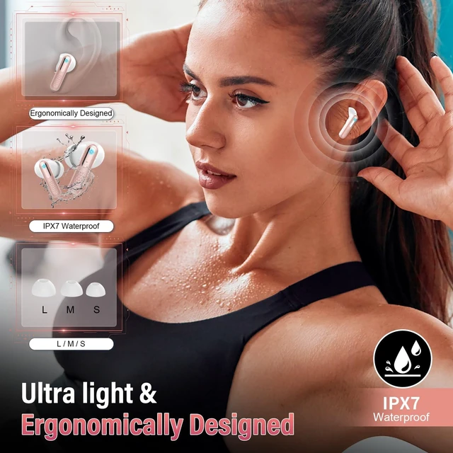 Alt view image 7 of 7 - Wireless Earbuds, Touch Screen Case, ANC/ENC Noise Cancelling, 48H, Rosa | Touch Screen Controls, 5 EQ Modes, Bluetooth 5.4, HiFi Stereo, Transparency Mode, IPX7 Waterproof, All-Day Comfor
