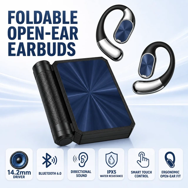 Alt view image 2 of 7 - Narshton Open-Ear Headphones, Bluetooth 6.0 with Dual-Fold Design, IPX5 Waterproof, 24h Long Battery Life, Secure Comfortable Fit, Sweatproof for Sports/Fitness/Travel/Workouts(Black)