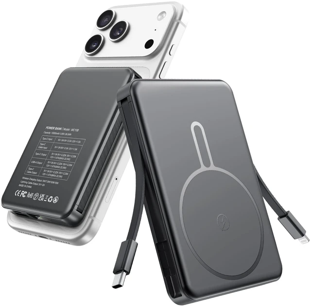 Main image of Magnetic Portable Charger 10000mAh for Magsafe Power Bank Built in Cables | 22.5W Fast Charging Battery Pack Wireless Battery Bank Travel Essential for iPhone 18/17/16/15/14/13/12 etc Black