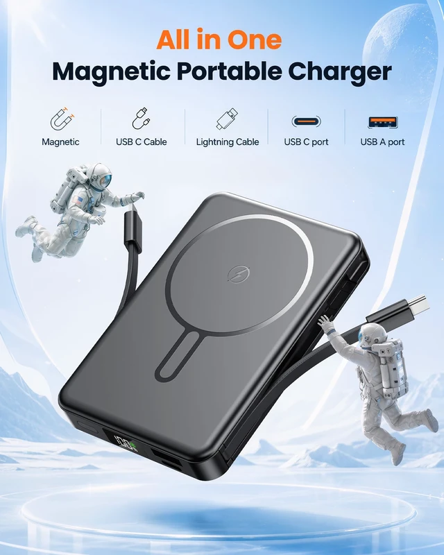 Alt view image 2 of 7 - Magnetic Portable Charger 10000mAh for Magsafe Power Bank Built in Cables | 22.5W Fast Charging Battery Pack Wireless Battery Bank Travel Essential for iPhone 18/17/16/15/14/13/12 etc Black