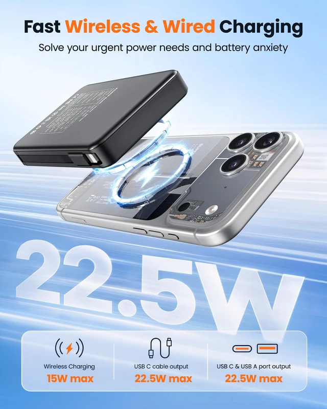 Alt view image 3 of 7 - Magnetic Portable Charger 10000mAh for Magsafe Power Bank Built in Cables | 22.5W Fast Charging Battery Pack Wireless Battery Bank Travel Essential for iPhone 18/17/16/15/14/13/12 etc Black