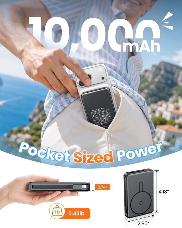 Alt view image 4 of 7 - Magnetic Portable Charger 10000mAh for Magsafe Power Bank Built in Cables | 22.5W Fast Charging Battery Pack Wireless Battery Bank Travel Essential for iPhone 18/17/16/15/14/13/12 etc Black