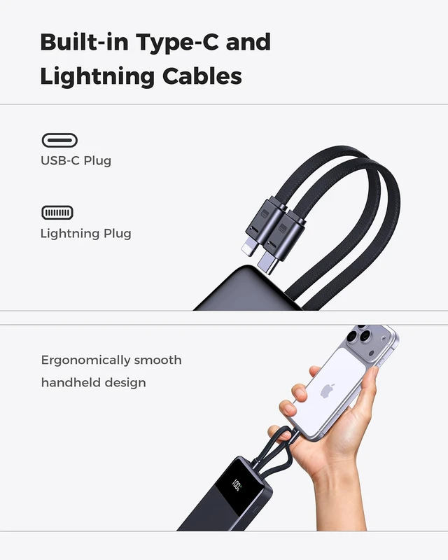 Alt view image 2 of 7 - Portable Charger, 10000mAh Power Bank Built-in Lightning & USB-C Cables | 22.5W PD Fast Charging Portable Phone Charger, Battery Pack for iPhone 17/16/15 Series, Samsung Galaxy, Google Pixel