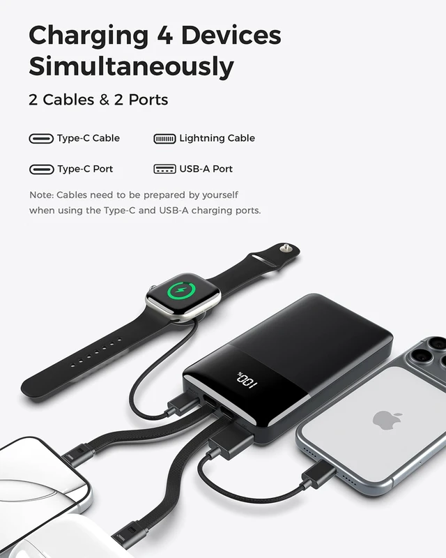 Alt view image 4 of 7 - Portable Charger, 10000mAh Power Bank Built-in Lightning & USB-C Cables | 22.5W PD Fast Charging Portable Phone Charger, Battery Pack for iPhone 17/16/15 Series, Samsung Galaxy, Google Pixel