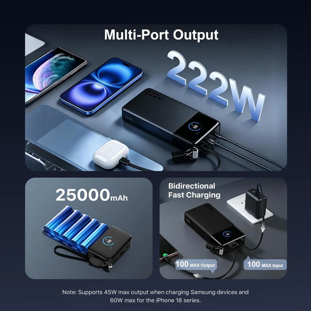 Alt view image 2 of 7 - NOBIS 222W Super Fast Charging Power Bank 25000mAh, Smart Digital Display & APP Control, Multi-Port for Laptops Phones Tablets, Universal Compatibility Portable Charger