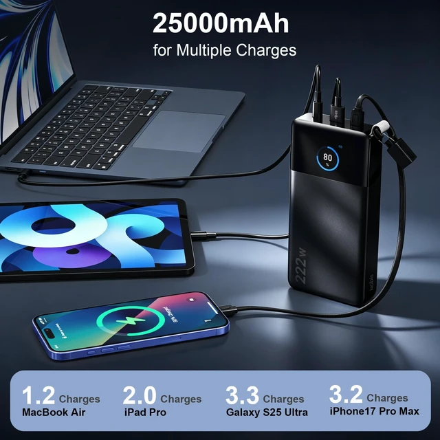 Alt view image 4 of 7 - NOBIS 222W Super Fast Charging Power Bank 25000mAh, Smart Digital Display & APP Control, Multi-Port for Laptops Phones Tablets, Universal Compatibility Portable Charger