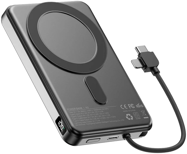 Main image of Portable Charger Power Bank, 10000mAh Phone Charger with Built-in Cable | 30% Smaller, Magnetic Grip, Stays Cool, LED Display, 20% to 85% in 30 Mins, for iPhone, Samsung, Android