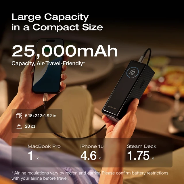 Alt view image 7 of 7 - EF ECOFLOW Laptop Power Bank, 25,000mAh 170W +45W Retractable Charger USB C