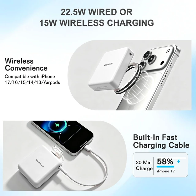 Alt view image 3 of 7 - Magnetic Power Bank 10000mAh, 15W Wireless 22.5W Fast Charger with Cables | Built-in USB-C Cable for Easy Charging,10000mAh Battery,15W Wireless and 22.5W Fast Charging,Compact Square Design