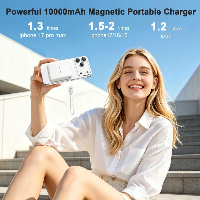 Alt view image 4 of 7 - Magnetic Power Bank 10000mAh, 15W Wireless 22.5W Fast Charger with Cables | Built-in USB-C Cable for Easy Charging,10000mAh Battery,15W Wireless and 22.5W Fast Charging,Compact Square Design