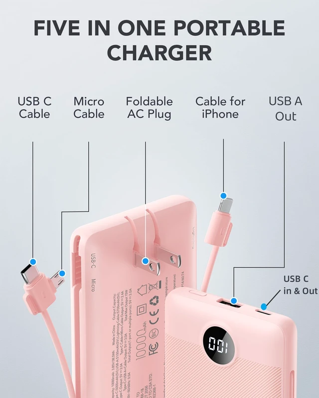 Alt view image 2 of 7 - Portable Charger,VRURC Power Bank Built-in AC Wall Plug and Cables | USB C Power Bank 10000mAh Travel Phone Charger Compact External Battery Pack For Smart Phones, Tablets etc-Pink