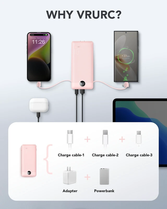 Alt view image 5 of 7 - Portable Charger,VRURC Power Bank Built-in AC Wall Plug and Cables | USB C Power Bank 10000mAh Travel Phone Charger Compact External Battery Pack For Smart Phones, Tablets etc-Pink