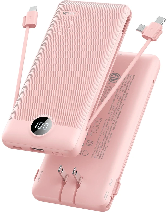 Main image of Portable Charger,VRURC Power Bank Built-in AC Wall Plug and Cables | USB C Power Bank 10000mAh Travel Phone Charger Compact External Battery Pack For Smart Phones, Tablets etc-Pink