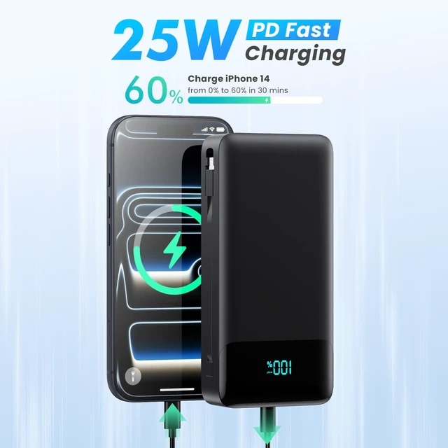 Alt view image 2 of 7 - Portable Charger 40800mAh Power Bank with Built-in Cables & AC Wall Plug | 25W Fast Charging+QC 4.0 Portable Phone Charger,4 Output Travel Essentials USB C Battery Pack for iPhone18/17,Samsung,Android