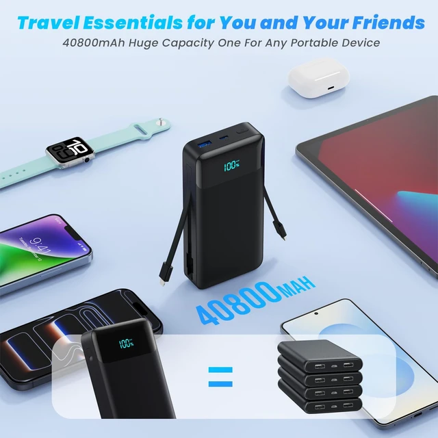 Alt view image 4 of 7 - Portable Charger 40800mAh Power Bank with Built-in Cables & AC Wall Plug | 25W Fast Charging+QC 4.0 Portable Phone Charger,4 Output Travel Essentials USB C Battery Pack for iPhone18/17,Samsung,Android