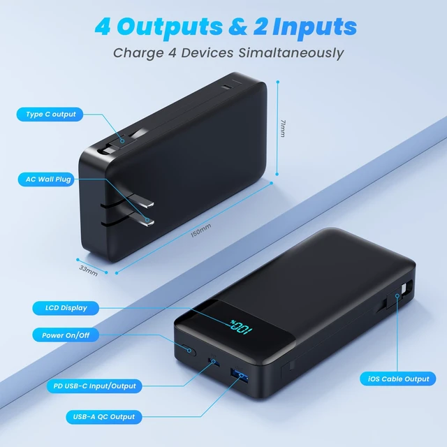 Alt view image 5 of 7 - Portable Charger 40800mAh Power Bank with Built-in Cables & AC Wall Plug | 25W Fast Charging+QC 4.0 Portable Phone Charger,4 Output Travel Essentials USB C Battery Pack for iPhone18/17,Samsung,Android