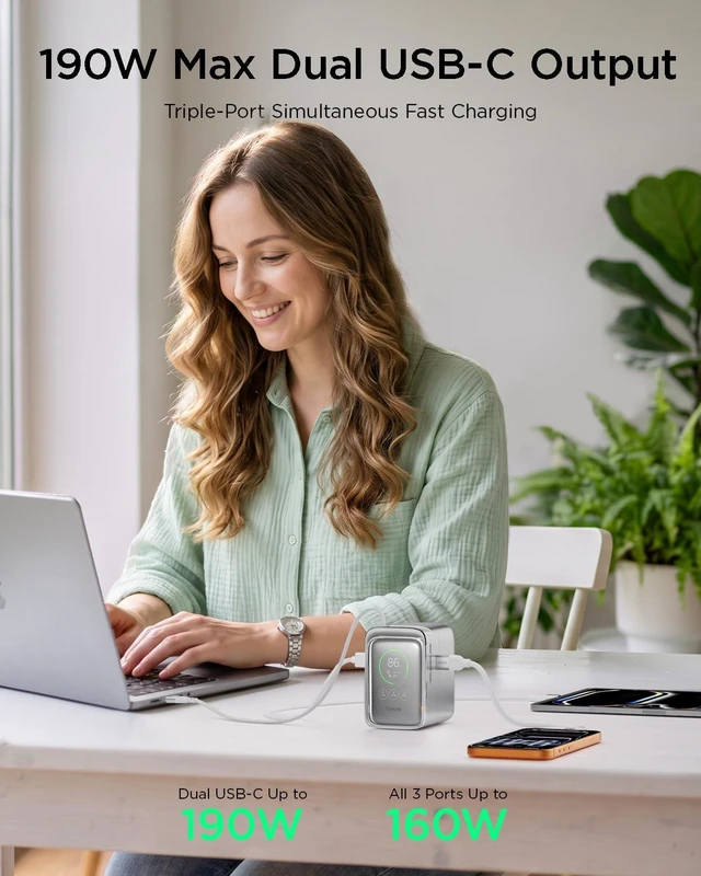 Alt view image 2 of 7 - TALIX Laptop Power Bank, 20000mAh Portable Charger with 190W Total Output | Digital Display, 3-Port Fast Charging, Retractable Built-In Cable, 140W Single Port, Battery Pack for MacBook, iPhone & More