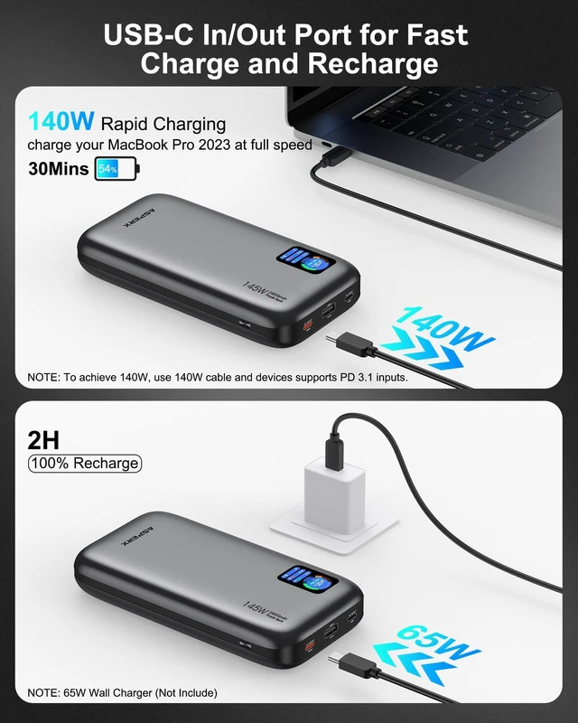 Alt view image 5 of 7 - AsperX Laptop Power Bank, 25,000mAh 140W PD 3.1 Fast Charging USB C | TFT Display Portable Charger Battery Pack(92.5Wh) for MacBook Pro/iPhone 17/Dell XPS/Galaxy S25/ipad/HP (Flight-Approved)