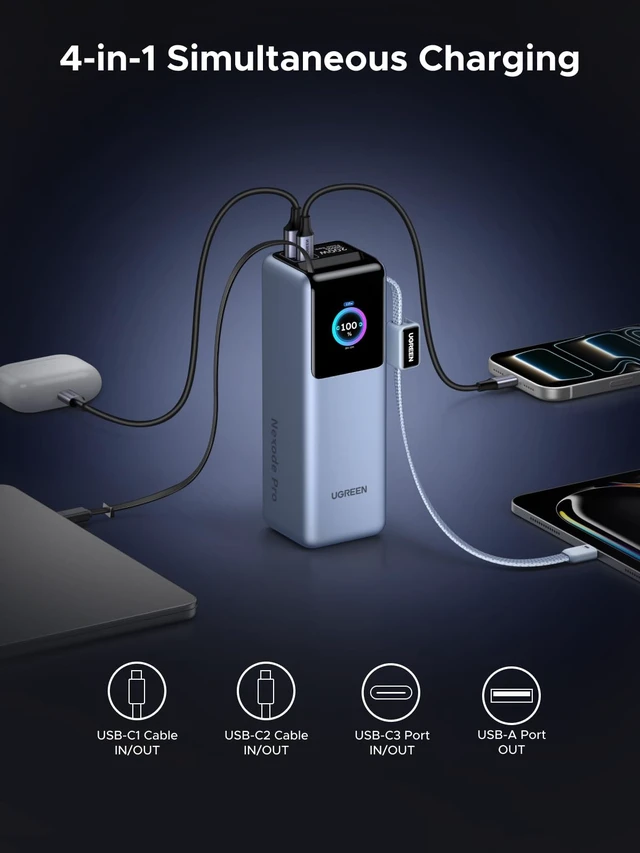 Alt view image 7 of 7 - UGREEN Nexode Pro 25000mAh 200W Laptop Power Bank with Retractable Cables | Built-in retractable cables, TFT display, PD 3.1. 90Wh. 100W×3 Fast charges MacBook, Dell, HP, Samsung S26, iPhone 18 Pro