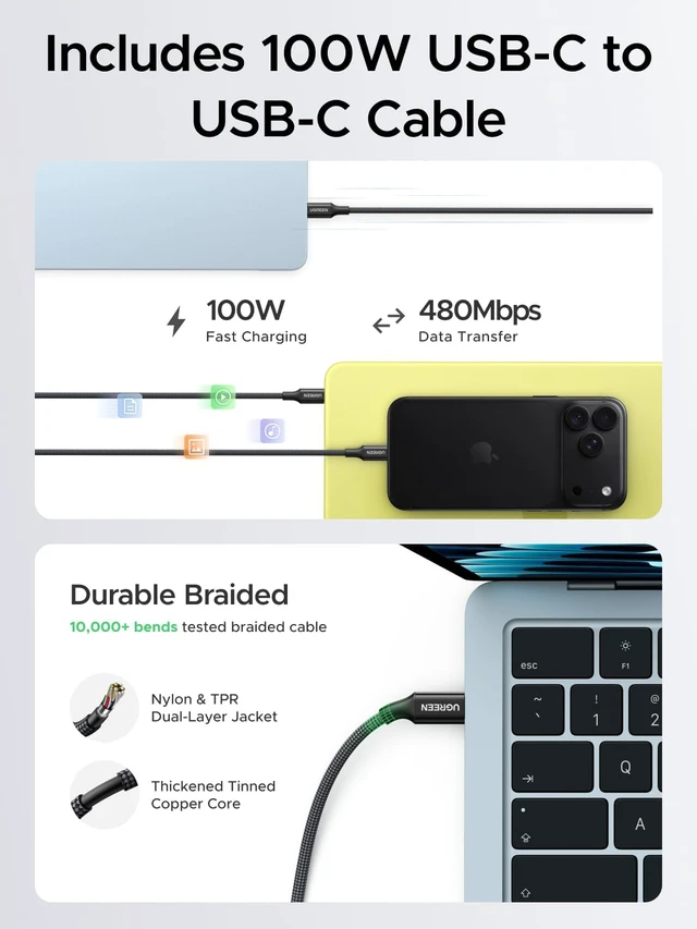 Alt view image 5 of 7 - UGREEN Nexode Air 65W USB C GaN Charger Block with 3.3ft Cable, Gray | AVS Fast Charging for iPhone 18 Pro Max, Mini Size (1.22 × 1.30 × 1.59 in), for MacBook, iPhone 18/17, Galaxy S26/S25, Pixel