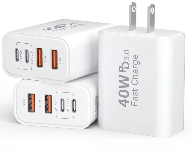 Main image of USB C Charger Block Multiple Ports Wall Charger Fast Phone Charging Blocks | 40W 4-Ports Power Cube USB Plug USB A+USBC Charger Brick Box for iPhone 17/16/15/14/13/12 Pro Max,Galaxy, Pixel,3Pack White