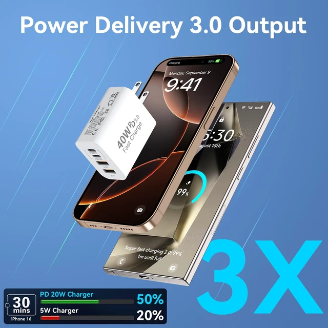 Alt view image 2 of 6 - USB C Charger Block Multiple Ports Wall Charger Fast Phone Charging Blocks | 40W 4-Ports Power Cube USB Plug USB A+USBC Charger Brick Box for iPhone 17/16/15/14/13/12 Pro Max,Galaxy, Pixel,3Pack White