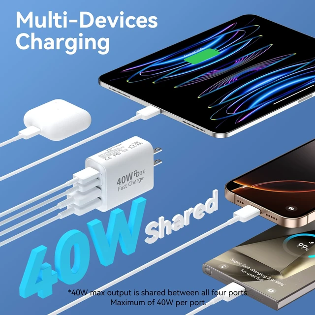 Alt view image 3 of 6 - USB C Charger Block Multiple Ports Wall Charger Fast Phone Charging Blocks | 40W 4-Ports Power Cube USB Plug USB A+USBC Charger Brick Box for iPhone 17/16/15/14/13/12 Pro Max,Galaxy, Pixel,3Pack White