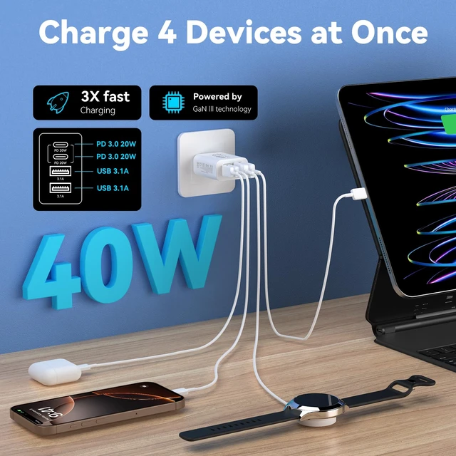 Alt view image 4 of 6 - USB C Charger Block Multiple Ports Wall Charger Fast Phone Charging Blocks | 40W 4-Ports Power Cube USB Plug USB A+USBC Charger Brick Box for iPhone 17/16/15/14/13/12 Pro Max,Galaxy, Pixel,3Pack White
