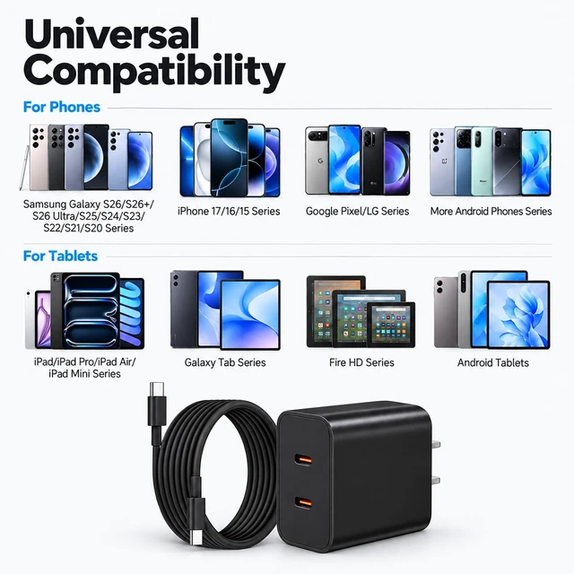 Alt view image 6 of 7 - Super Fast Type C Charger for Samsung, 45W Dual Port USB C Charger | with 3/6/10/12FT USB C Cable for Galaxy S26 Ultra/S26+/S26/S25/24 Ultra/S23/S22/S21, iPhone 18 17 16, Android Phone, Black