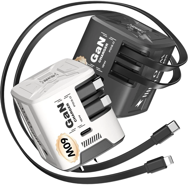 Main image of W & O 60W Gan Fast Charger Wall Plug, Built-in Retractable USB-C & L Cables | Retractable Wall Charger with 47.2" Cables, One Pull Charging, No Cable Mess Solution for iPhone 17/16/15, Galaxy S25/S24