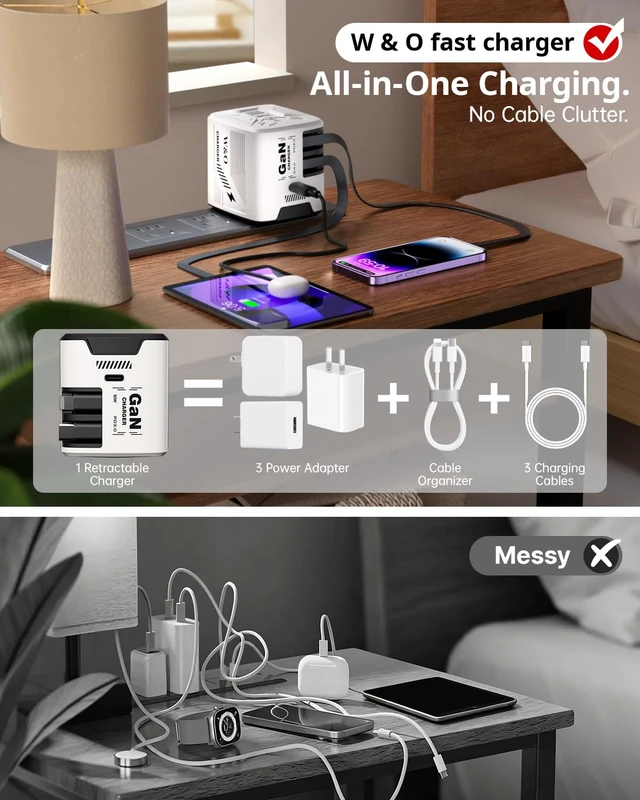 Alt view image 2 of 7 - W & O 60W Gan Fast Charger Wall Plug, Built-in Retractable USB-C & L Cables | Retractable Wall Charger with 47.2" Cables, One Pull Charging, No Cable Mess Solution for iPhone 17/16/15, Galaxy S25/S24