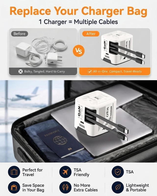 Alt view image 5 of 7 - W & O 60W Gan Fast Charger Wall Plug, Built-in Retractable USB-C & L Cables | Retractable Wall Charger with 47.2" Cables, One Pull Charging, No Cable Mess Solution for iPhone 17/16/15, Galaxy S25/S24