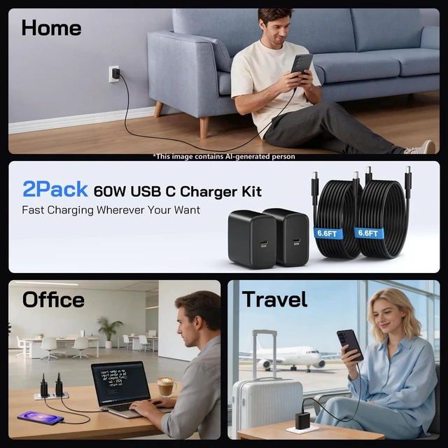 Alt view image 7 of 7 - 60W USB C Charger, 60 Watt Super Fast Charger Type C with 2X 6.6FT Cable | Type C Charger Android Phone Fast Charging Block for Samsung Galaxy S26 Ultra/S26+/S25 Ultra/S24, Tab S9+,i Phone 18,Mac Book