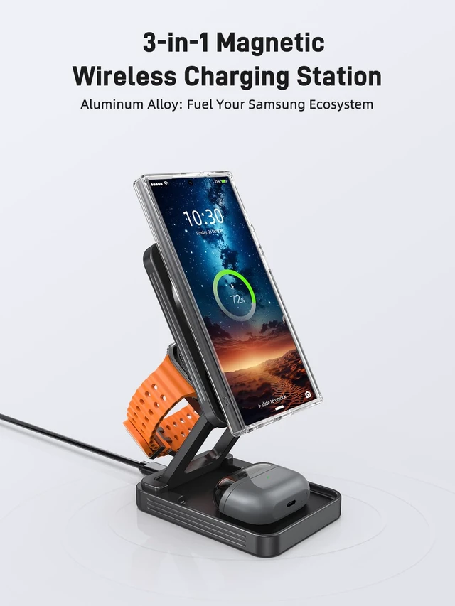 Alt view image 2 of 7 - Magnetic Wireless Charger for Samsung, Qi2 Aluminum Alloy Charging Station | for Samsung Galaxy S26 Ultra/Z Fold7/Flip7/Buds4, Foldable Travel Watch Charger for Galaxy Watch Ultra/8 (Adapter Included)