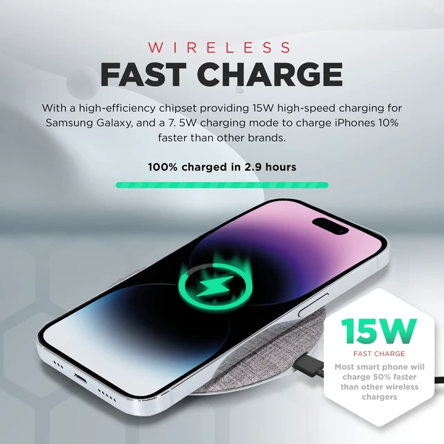 Alt view image 4 of 7 - POWERPEAK Wireless Fast Charger, 15W Aluminum Fast Charging Pad, USB-A to USB-C Cable Included, Compatible with iPhone Apple & Android | Gray (Pad)