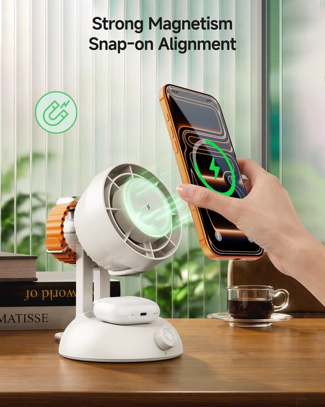 Alt view image 7 of 7 - 3-in-1 MagSafe Charger with Desk Fan, 25W for iPhone, iWatch, AirPods | 25W Magnetic Fast Charging, Desktop Table Fan, 50° Tilt-Adjustable Angle, LED Status Indicator, Multi Safety Protection
