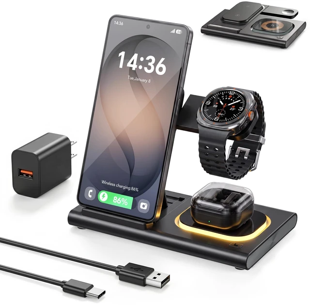 Main image of 3 in 1 Charging Station for Samsung Charger, Foldable & Night Lamp | Wireless Charger for Samsung S26/Galaxy Watch Ultra/8/7/Galaxy Buds4,Tidy Desktop,Rotatable Watch Part,Not for Watch 9/Ultra2