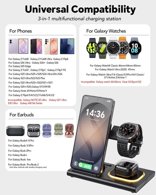 Alt view image 2 of 7 - 3 in 1 Charging Station for Samsung Charger, Foldable & Night Lamp | Wireless Charger for Samsung S26/Galaxy Watch Ultra/8/7/Galaxy Buds4,Tidy Desktop,Rotatable Watch Part,Not for Watch 9/Ultra2