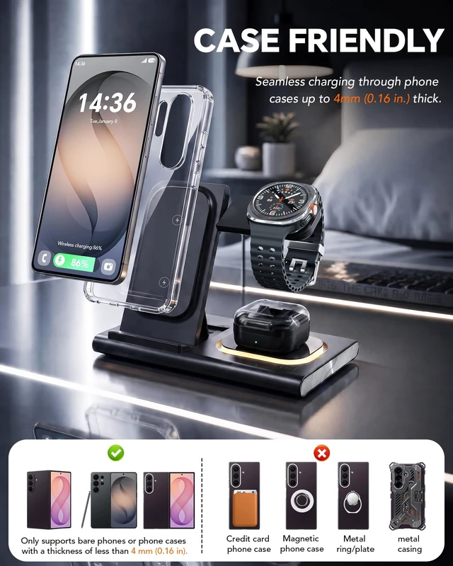 Alt view image 5 of 7 - 3 in 1 Charging Station for Samsung Charger, Foldable & Night Lamp | Wireless Charger for Samsung S26/Galaxy Watch Ultra/8/7/Galaxy Buds4,Tidy Desktop,Rotatable Watch Part,Not for Watch 9/Ultra2