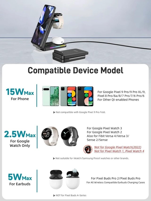 Alt view image 6 of 6 - Wireless Charger for Pixel Watch 3/2, 3 in 1 Charging Station for Google | Foldable Charger Stand for Google 10 Pro/10/9 Pro Fold/9 Pro/9/8/Pixel Buds Pro 2, (Not for Pixel Watch 4/1, With Adapter)