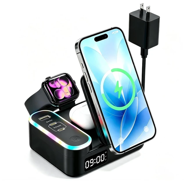 Main image of 65W 8-in-1 Wireless Charging Station for Apple Samsung Multi-Devices, 3-Ports USB A/C Retractable Charger Stand/Desktop Orgnaizer for iPhone17/16/Galaxy 26/iPad/iWatch AirPods for Home Office, Family