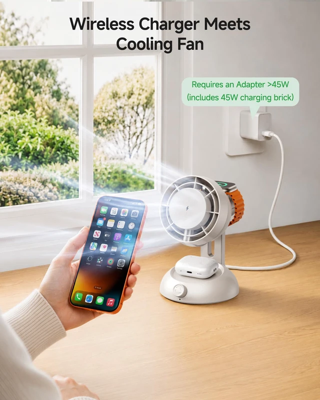Alt view image 2 of 7 - 3-in-1 MagSafe Charger with Desk Fan, 25W for iPhone, iWatch, AirPods | 25W Magnetic Fast Charging, Desktop Table Fan, 50° Tilt-Adjustable Angle, LED Status Indicator, Multi Safety Protection