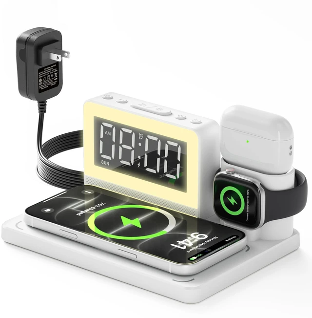 Main image of Wireless Charging Station for Multiple Devices with Alarm Clock, White | All-in-One Alarm Clock with Charger for iPhone, Charger forApple Watch & Charger for AirPods; Night Light, White