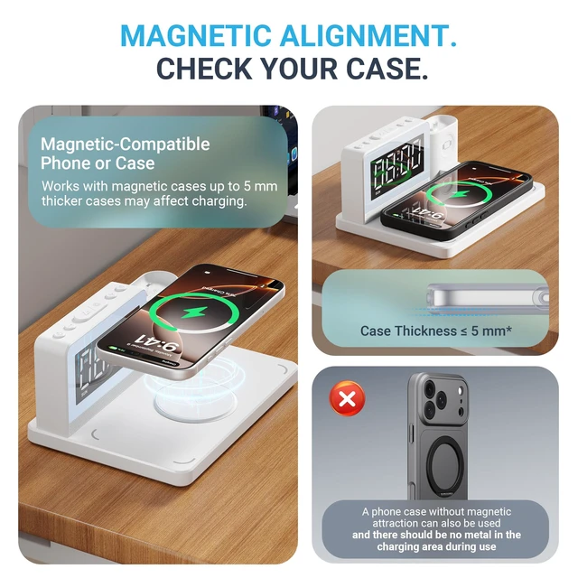 Alt view image 4 of 7 - Wireless Charging Station for Multiple Devices with Alarm Clock, White | All-in-One Alarm Clock with Charger for iPhone, Charger forApple Watch & Charger for AirPods; Night Light, White