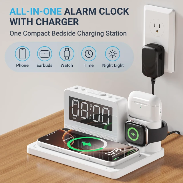 Alt view image 2 of 7 - Wireless Charging Station for Multiple Devices with Alarm Clock, White | All-in-One Alarm Clock with Charger for iPhone, Charger forApple Watch & Charger for AirPods; Night Light, White