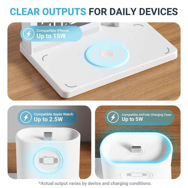 Alt view image 3 of 7 - Wireless Charging Station for Multiple Devices with Alarm Clock, White | All-in-One Alarm Clock with Charger for iPhone, Charger forApple Watch & Charger for AirPods; Night Light, White