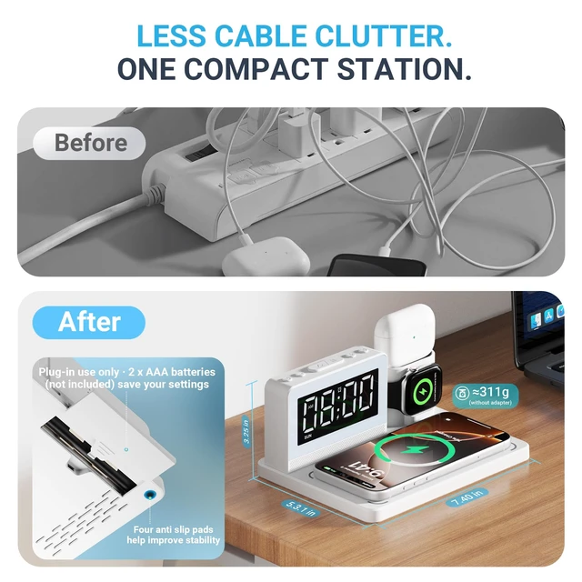 Alt view image 6 of 7 - Wireless Charging Station for Multiple Devices with Alarm Clock, White | All-in-One Alarm Clock with Charger for iPhone, Charger forApple Watch & Charger for AirPods; Night Light, White
