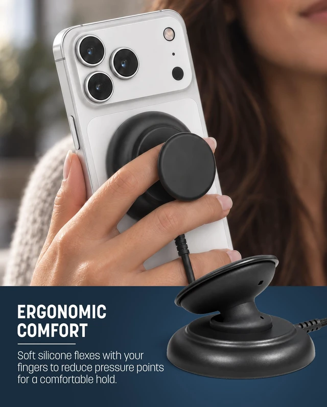 Alt view image 4 of 7 - Galvanox 25W Magnetic Wireless Charger with Phone Grip Holder | Qi2.2 Fast Charging, Compatible with Magsafe, Collapsible Comfortable Hold, Kickstand, Black