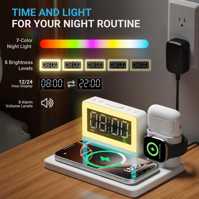 Alt view image 5 of 7 - Wireless Charging Station for Multiple Devices with Alarm Clock, White | All-in-One Alarm Clock with Charger for iPhone, Charger forApple Watch & Charger for AirPods; Night Light, White