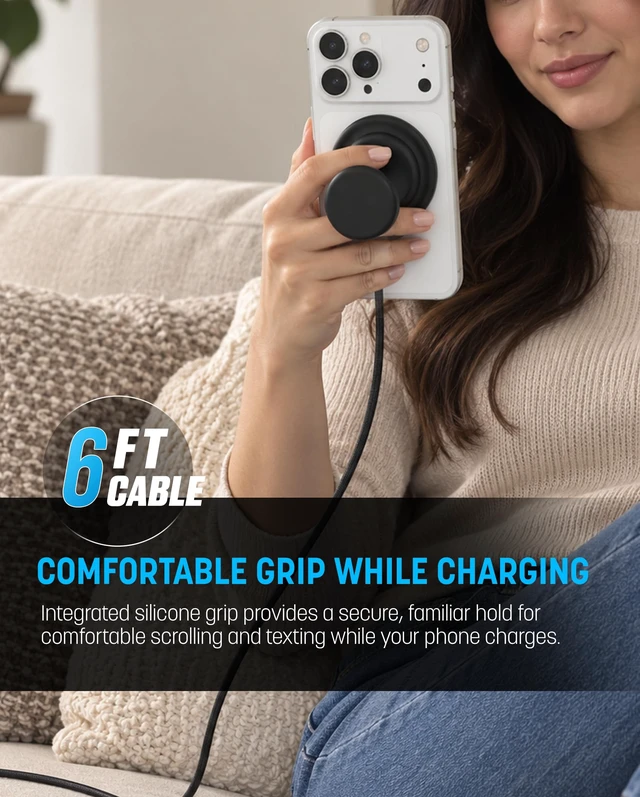 Alt view image 2 of 7 - Galvanox 25W Magnetic Wireless Charger with Phone Grip Holder | Qi2.2 Fast Charging, Compatible with Magsafe, Collapsible Comfortable Hold, Kickstand, Black